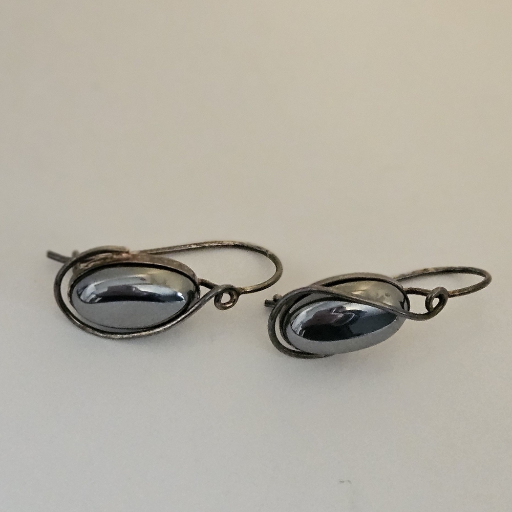 Hematite Stone 925 Sterling Silver Earrings Drop Vintage Old